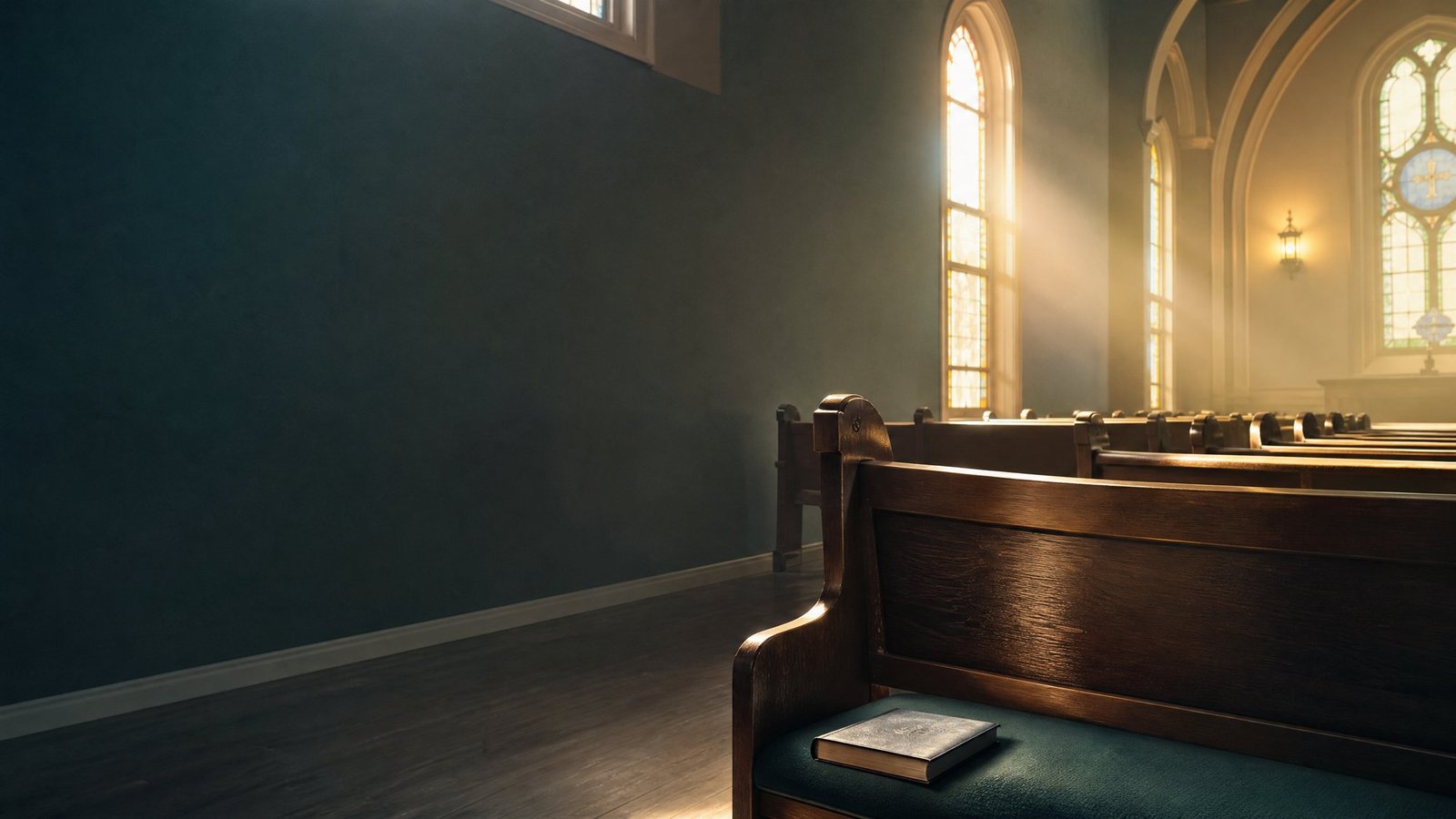 Interior de uma igreja iluminada pela manhã, com uma Bíblia sobre um banco de madeira